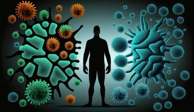 Ochrona układu odpornościowego przed wirusami i bakteriami Różne kształty komórek bakterii i wirusów w pobliżu sylwetki osoby Utworzono za pomocą generatywnej ai
