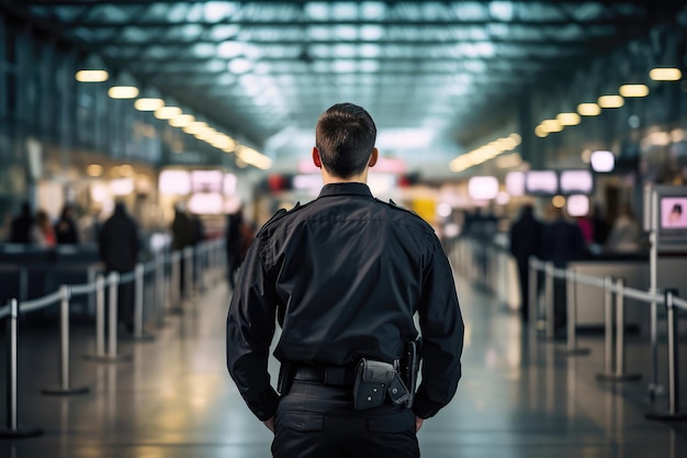Ochroniarz w czarnym stoi z plecami do lotnisk