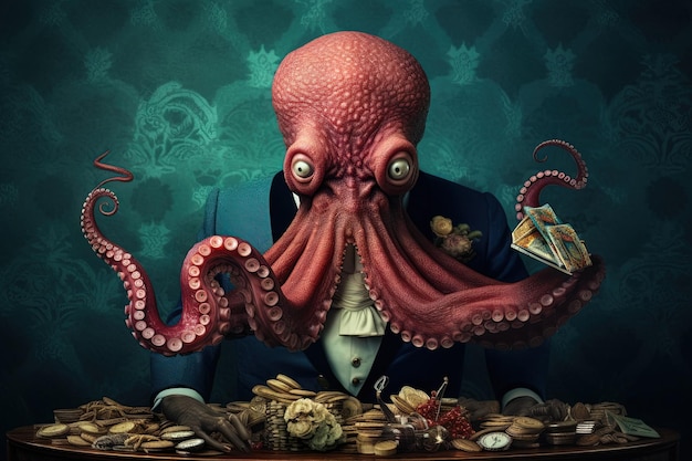 Octopus mafia picciotto boss różowy gangster w neonowym pasku ilustracyjnym generatywnym ai