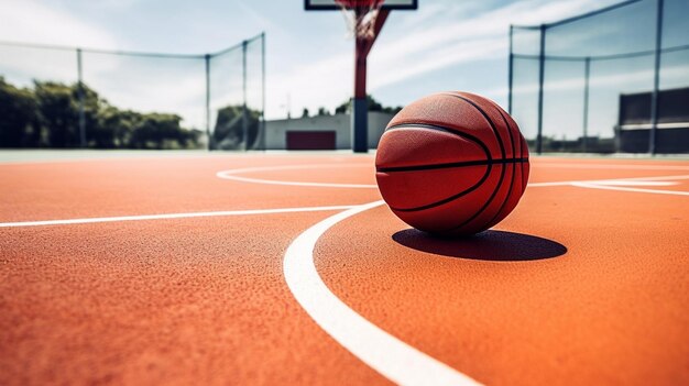 Oczekiwanie na graczy Ujęcie piłki do koszykówki leżącej na pustym boisku do koszykówki Generacyjna sztuczna inteligencja