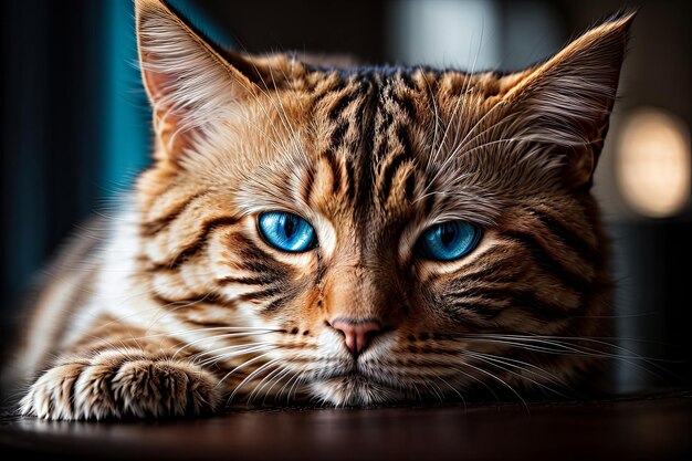 Oczy intrygi Fotorealistyczny portret kota z hipnotyzującym niebieskim spojrzeniem