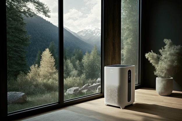 Oczyszczacz powietrza w pokoju z widokiem na zewnątrz, tworząc spokojne i spokojne środowisko