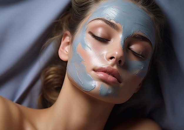 Oczyszczająca niebieska glina maska na pięknej kobiecej twarzy z miękką skórą
