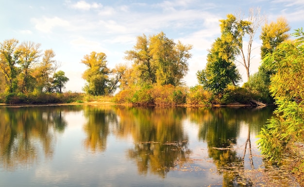 Odbicia Drzew W Jeziorze W Okresie Jesiennym. Piękny Park