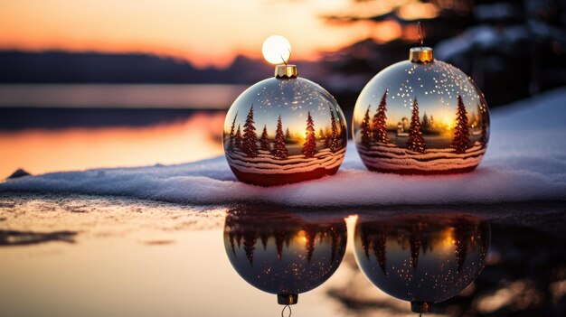 Zdjęcie odbicia otoczenia w bożonarodzeniowych baubles na śniegu szczęśliwy xmas