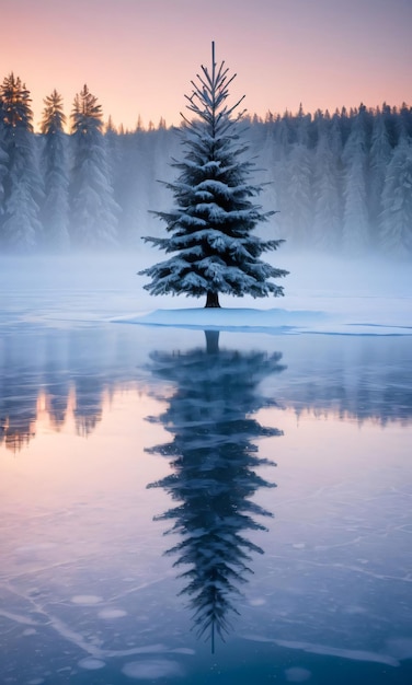 Odbicie choinki w zamarzniętym jeziorze otoczonym śnieżnym krajobrazem o świcie