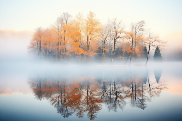 Odbicie drzew na zakrytym mgłą jeziorze o świcie