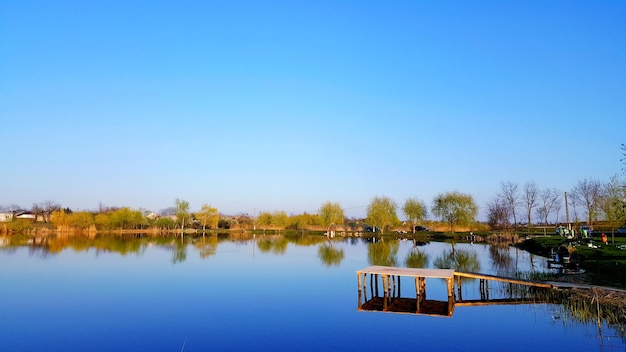 Zdjęcie odbicie drzew w jeziorze na tle niebieskiego nieba