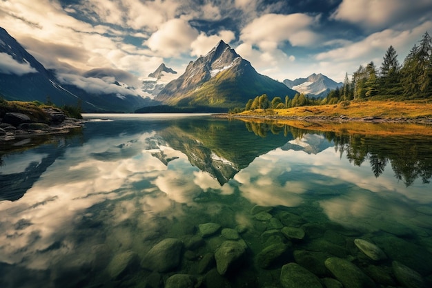 Zdjęcie odbicie górskiego krajobrazu w szklistych jeziorach alpejskich