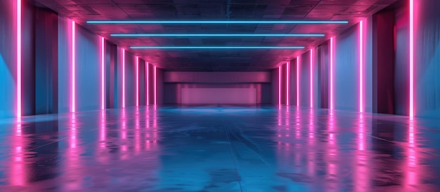 Odbicie promieniowania w nowoczesnym salonie wystawowym oświetlonym neonem
