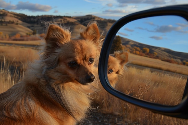 Zdjęcie odbicie psa w lustrze samochodowym