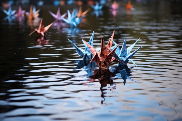 Zdjęcie odbicie żurawi origami na powierzchni wody utworzone za pomocą generatywnej ai