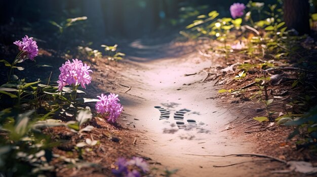 Zdjęcie odcisk stopy na ścieżce wyłożonej kwiatami