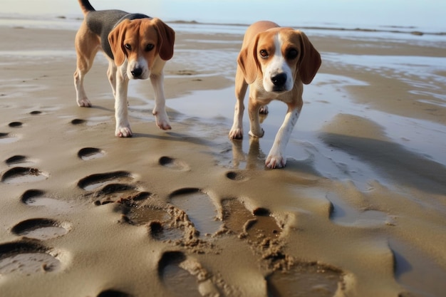 Odciski łap beagle na piasku, podążając za zapachem stworzonym za pomocą generatywnej sztucznej inteligencji