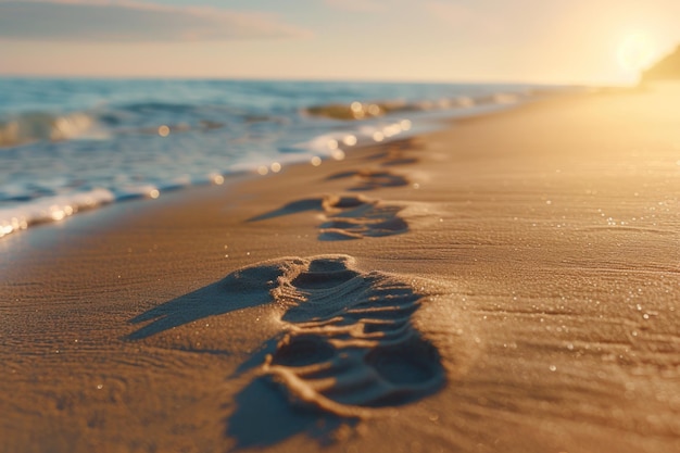 Odciski stóp w piasku prowadzące do zachodu słońca Ocean Closeup odcisków stóp na piaszczystej plaży prowadzącej w kierunku oceanu pod świecącym zachodem słońca