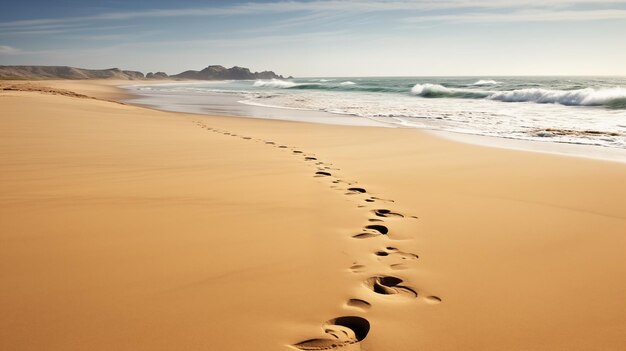 Odciski stóp w piasku śledzą linię brzegową.