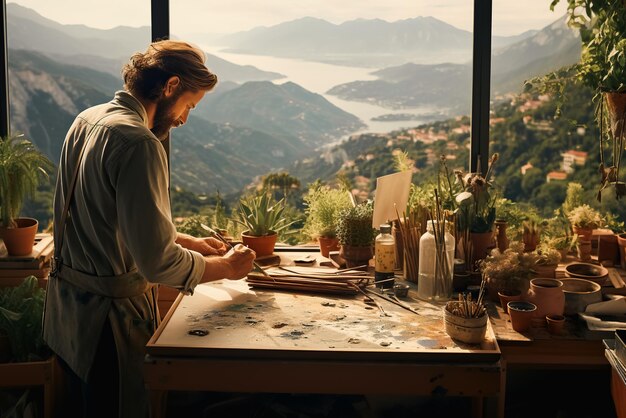 Oddany artysta malujący zapierający dech w piersiach krajobraz w pracowni plenerowej