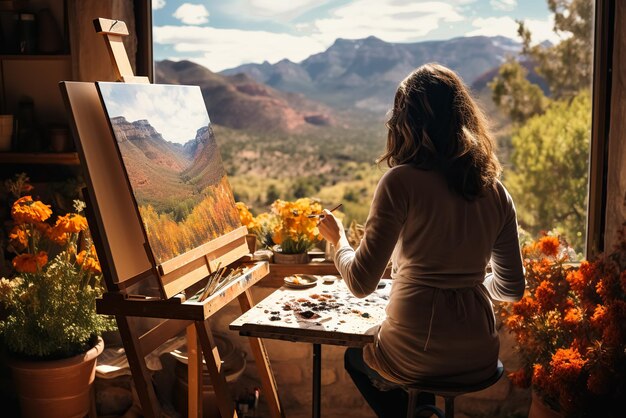 Zdjęcie oddany artysta malujący zapierający dech w piersiach krajobraz w pracowni plenerowej