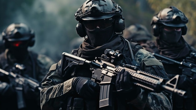 Oddział żołnierzy w mundurach z karabinami maszynowymi mężczyzn fikcyjnych