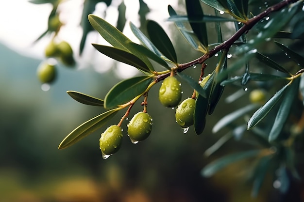 Odgałęzienie oliwek z zielonymi liśćmi i mokrymi oliwkami na nim