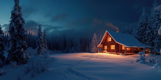 Odizolowana chatka w śnieżnym lesie w Twilight Resplendent