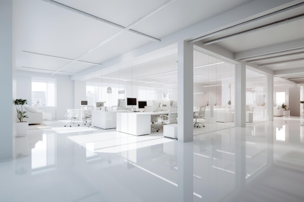 Odkryj otwartą i uporządkowaną przestrzeń biurową z białymi ścianami i podłogami, które zapewniają spokojne i skupione środowisko pracy. Białe wnętrze biura typu open space Wygenerowane przez sztuczną inteligencję