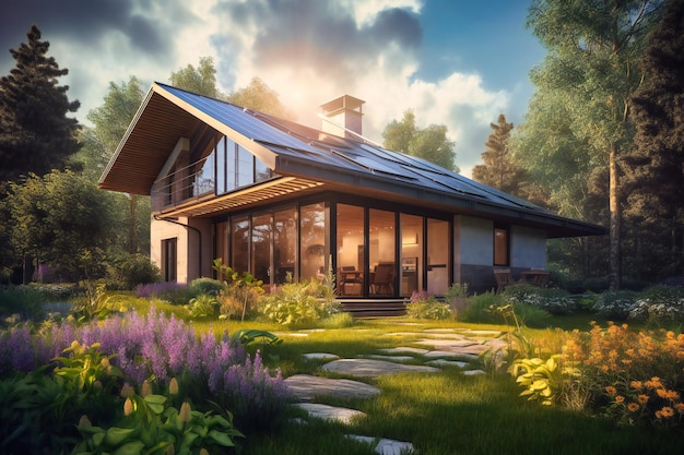 Odkryj przytulną i zachęcającą atmosferę nowoczesnego domu z panelami słonecznymi i bujną zielenią