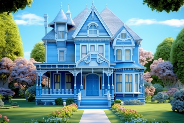 Odkryj spokój w tym uroczym niebieskim wiejskim domu. Generacyjna sztuczna inteligencja ożywia go