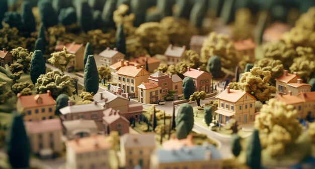 Zdjęcie odkryj urok małego miasteczka bujny miniaturowy model z mnóstwem drzew wygenerowany przez sztuczną inteligencję