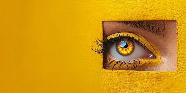 Zdjęcie odkryte tajemnice kobiety wpatrują się uważnie przez kluczową dziurę na żółtym tle współczesna sztuka kolażu konceptualizowany projekt pomysł innowacyjnej sztuki abstrakcyjnej wyobraźnia i motywacja