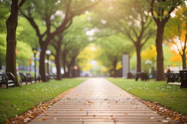 Odkryty park z drzewem i bokeh światłem rozmycie tła Abstrakcyjny rozmycie obrazu chodnika w parku