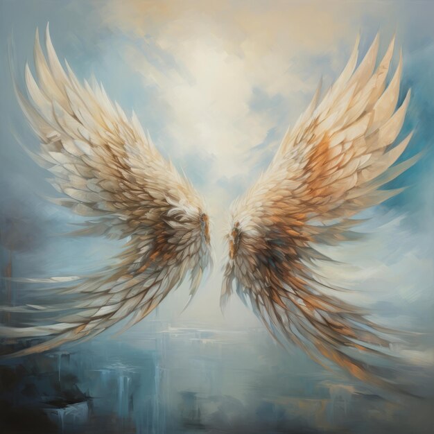 Zdjęcie odkrywanie eterycznej eksploracji symboliki poprzez parę skrzydeł na obrazie z chmurnym tłem