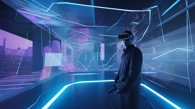 Odkrywanie futurystycznego człowieka Metaverse zanurzonego w rzeczywistości wirtualnej za pomocą zestawu słuchawkowego VR