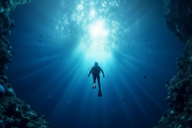 Odkrywanie głębokiego niebieskiego nurkowania i widoków na ocean z podłogi sztucznej inteligencji