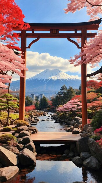 Zdjęcie odkrywanie spokoju w tradycyjnej oazie ogrodu japońskiego z majestatyczną scenerią góry fuji