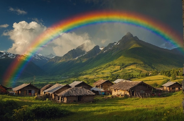 Odległa wioska Rainbow Over Mountains