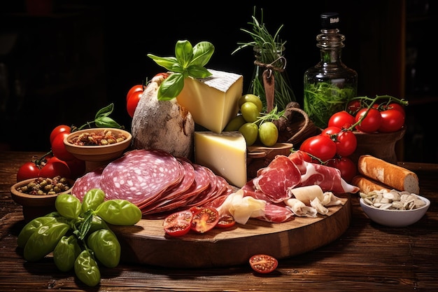 Odmiany salami speck kiełbasy parmezan ser oliwki bazylia i pomidory na drewnianym stole repre