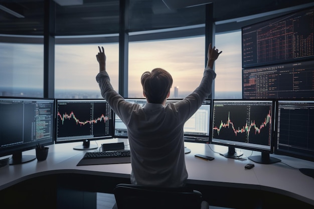 odnoszący sukcesy trader świętuje zysk z akcji, patrząc na wykresy lub wykresy na komputerze