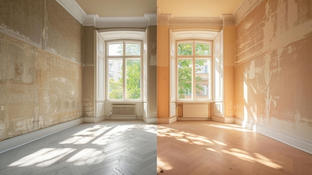 Odnowione pomieszczenia z przestronnymi oknami i systemami ogrzewania zarówno przed, jak i po procesie renowacji Badanie różnic między starym mieszkaniem a nowo odnowionym mieszkaniu
