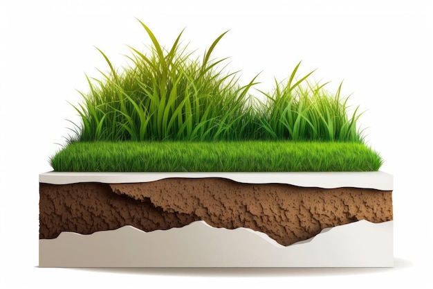 Odosobniony widok z boku zielonej trawy i gleby w płaskim, dwuwymiarowym projekcie