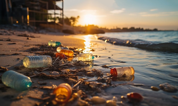 Odpady z tworzyw sztucznych na plażyRozlane śmieci na plaży dużego miasta Opróżnij zużyty brudny plastik