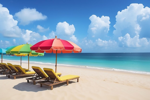 Odpoczynek na plaży z kolorowymi parasolami