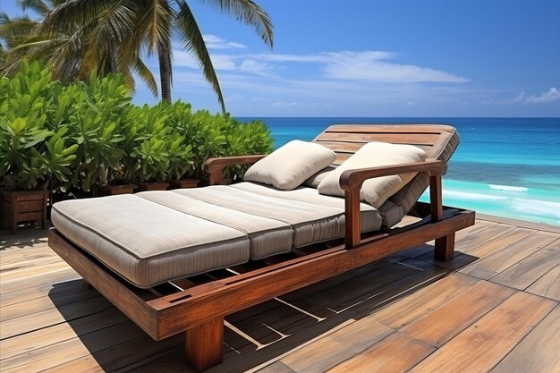 Odpoczywające leżaki w cieniu pięknych palm na idealnej plaży na wyspie Paradise