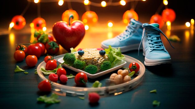 Zdjęcie odpowiednie jedzenie i buty sportowe selektywne skupienie