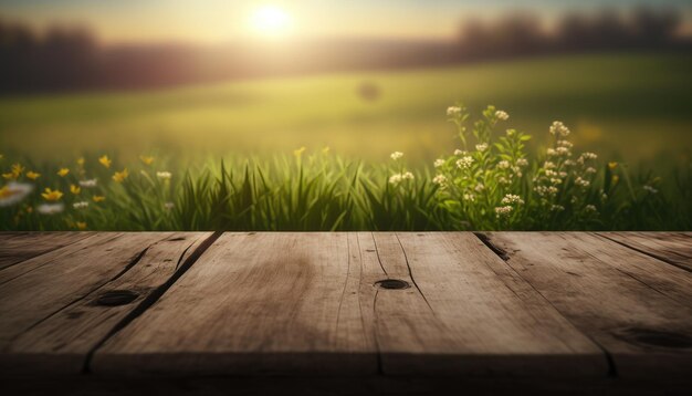 Odrapany drewniany stół na tle pola o świcie Makieta szablonu prezentacji produktu z polnymi kwiatami Fotorealistyczny rysunek generowany przez AI