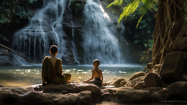 Odświeżająca harmonia Mały mnich i dziecko kąpią się przy wodospadzie