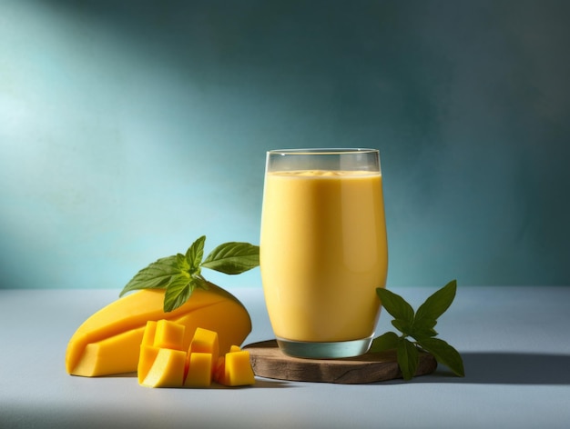 Odświeżająca letnia rozkosz Wypij chłodny smoothie z mango na eleganckim szarym tle