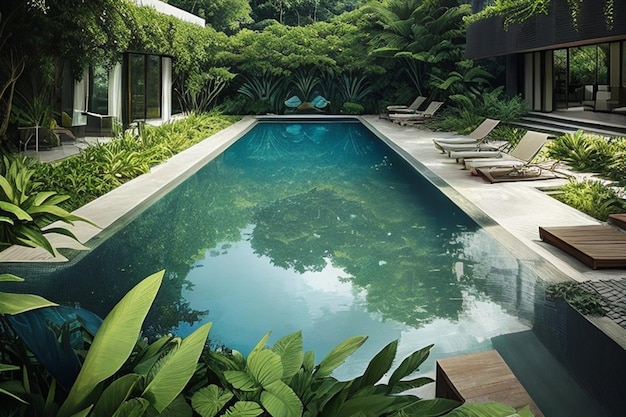 Odświeżająca oaza przy basenie, otoczona bujną zielenią i nowoczesną architekturą