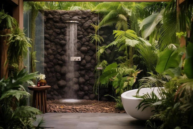 Odświeżająca oaza w tropikalnym otoczeniu do konfiguracji prysznica na świeżym powietrzu generowana przez sztuczną inteligencję