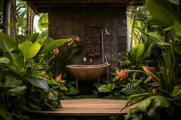 Odświeżająca oaza w tropikalnym otoczeniu do konfiguracji prysznica na świeżym powietrzu generowana przez sztuczną inteligencję